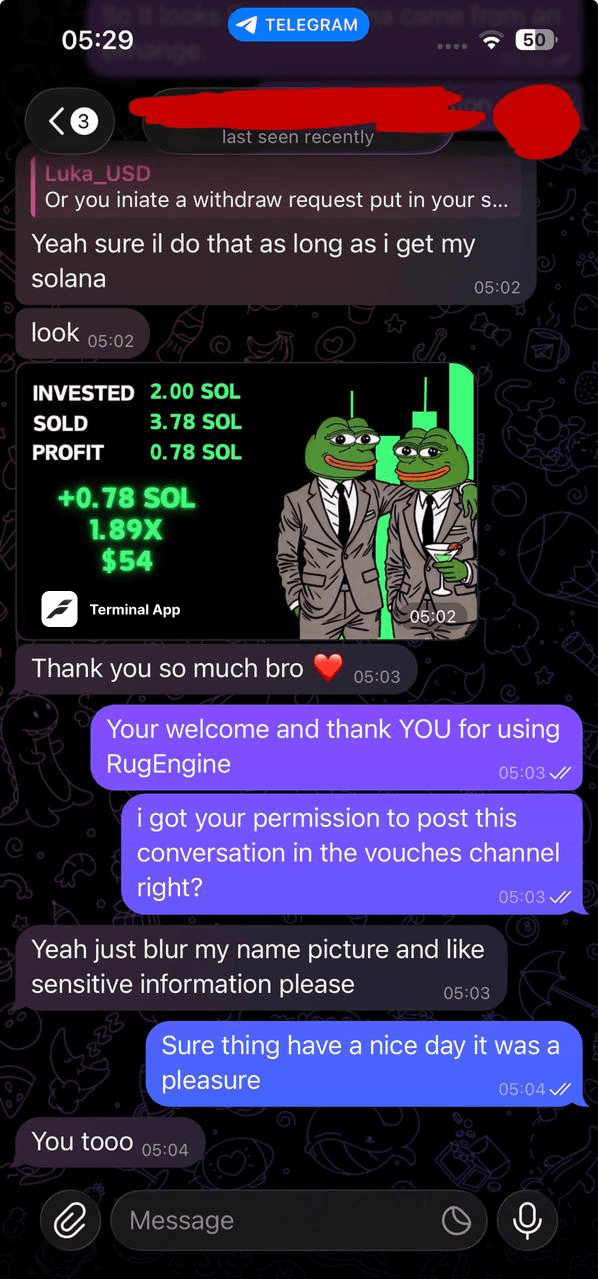 Terminal App trader feedback screenshot